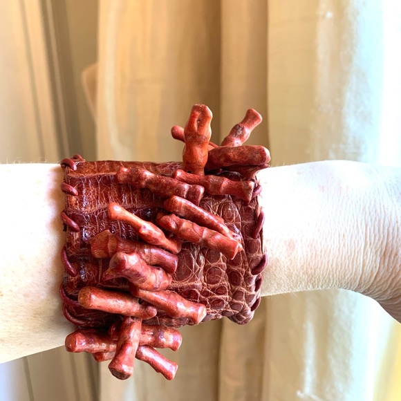 Sweet Olive Boho Red Crocodile & Coral Cuff - Picture 4 of 7